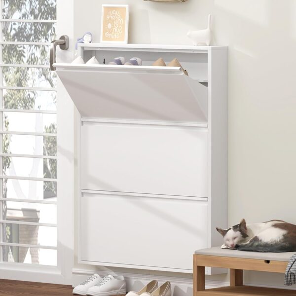 Wall-Mounted Hidden Metal Shoe Cabinet with 3 Tilt-Out Compartments