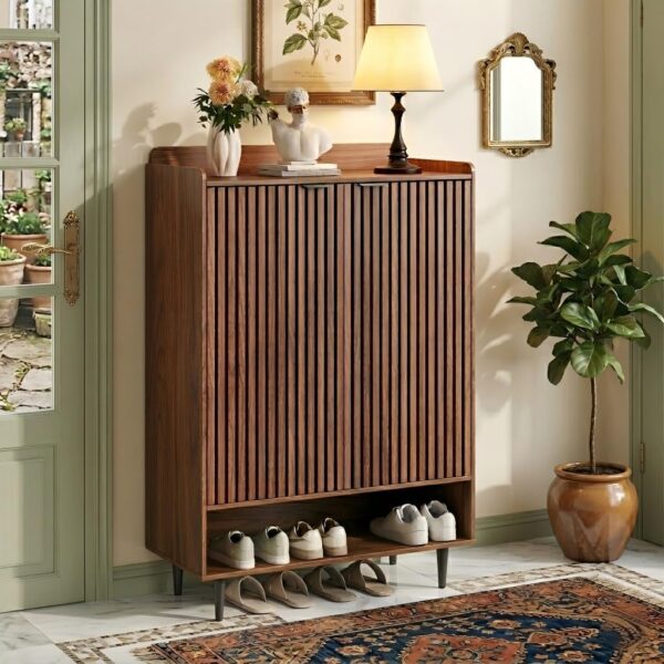 Wooden Shoe Cabinet with Double Doors and Adjustable Shelves
