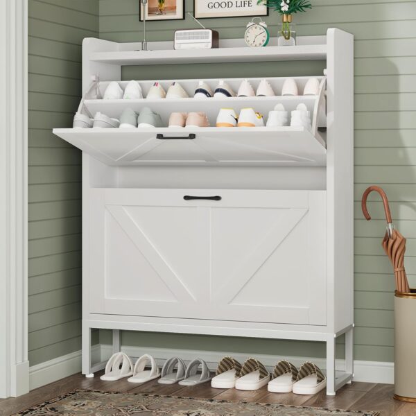 Narrow High-Capacity Shoe Cabinet with 2 Adjustable Tilt-Out Compartments
