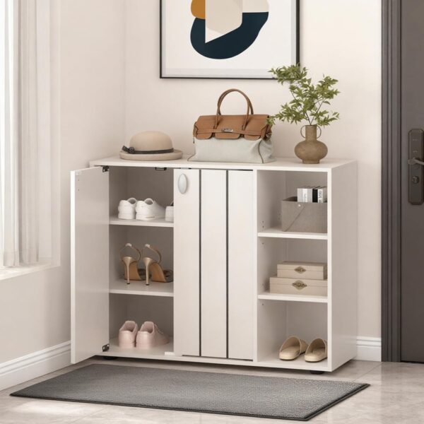 Shoe Cabinet with Doors, Open Storage, and 3-Level Adjustable Shelving