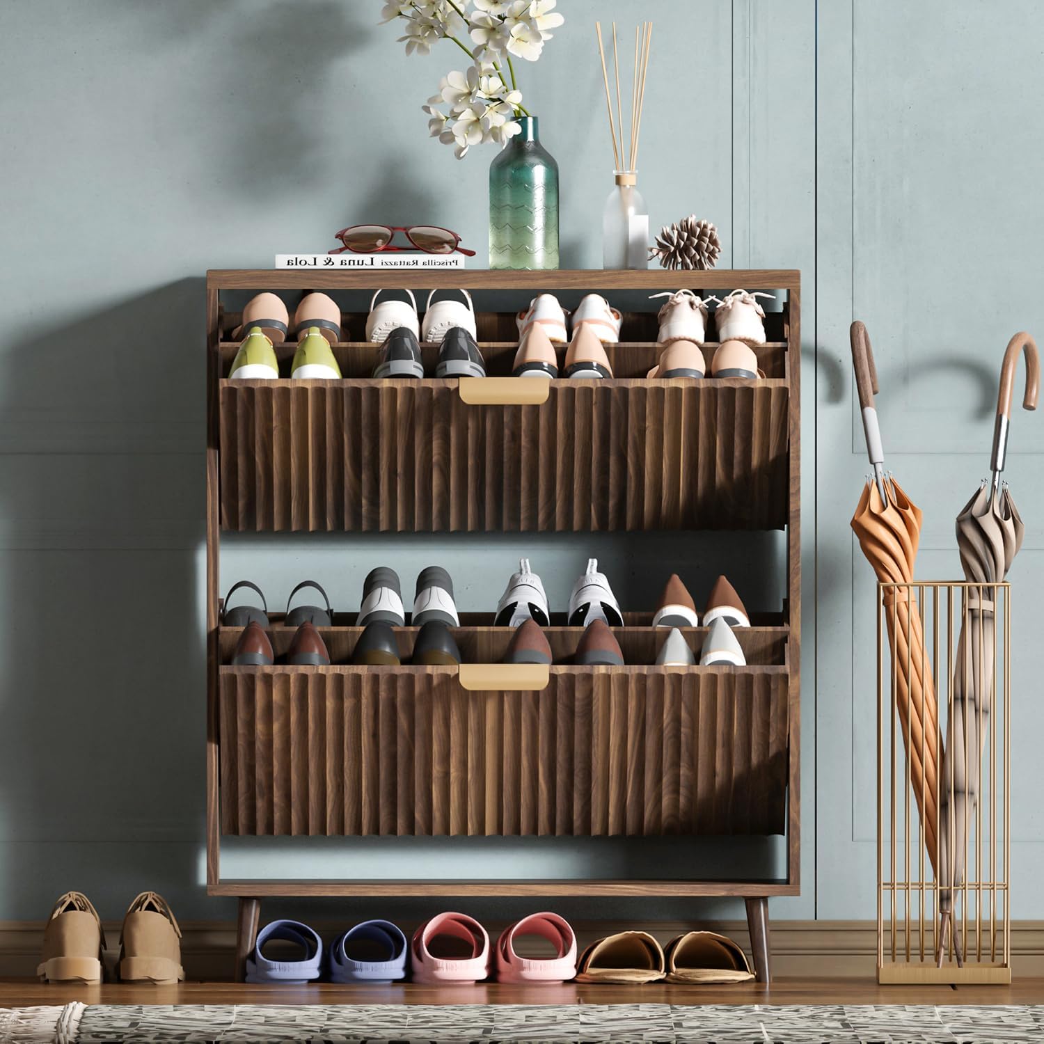 71vNm1cunL._AC_SL1500_.jpg Narrow Freestanding Modern Shoe Cabinet with 2 Tilt-Out Compartments - Image 1