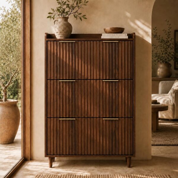 Hidden 3-Tier Shoe Cabinet with Tilt-Out Compartments and Striped Panels