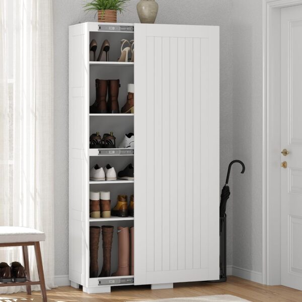 Shoe Cabinet with Doors, Adjustable Shelves, and Hooks
