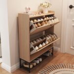 Slim 2-Tier Shoe Cabinet with Tilt-Out Compartments and Linen-Finish Panels