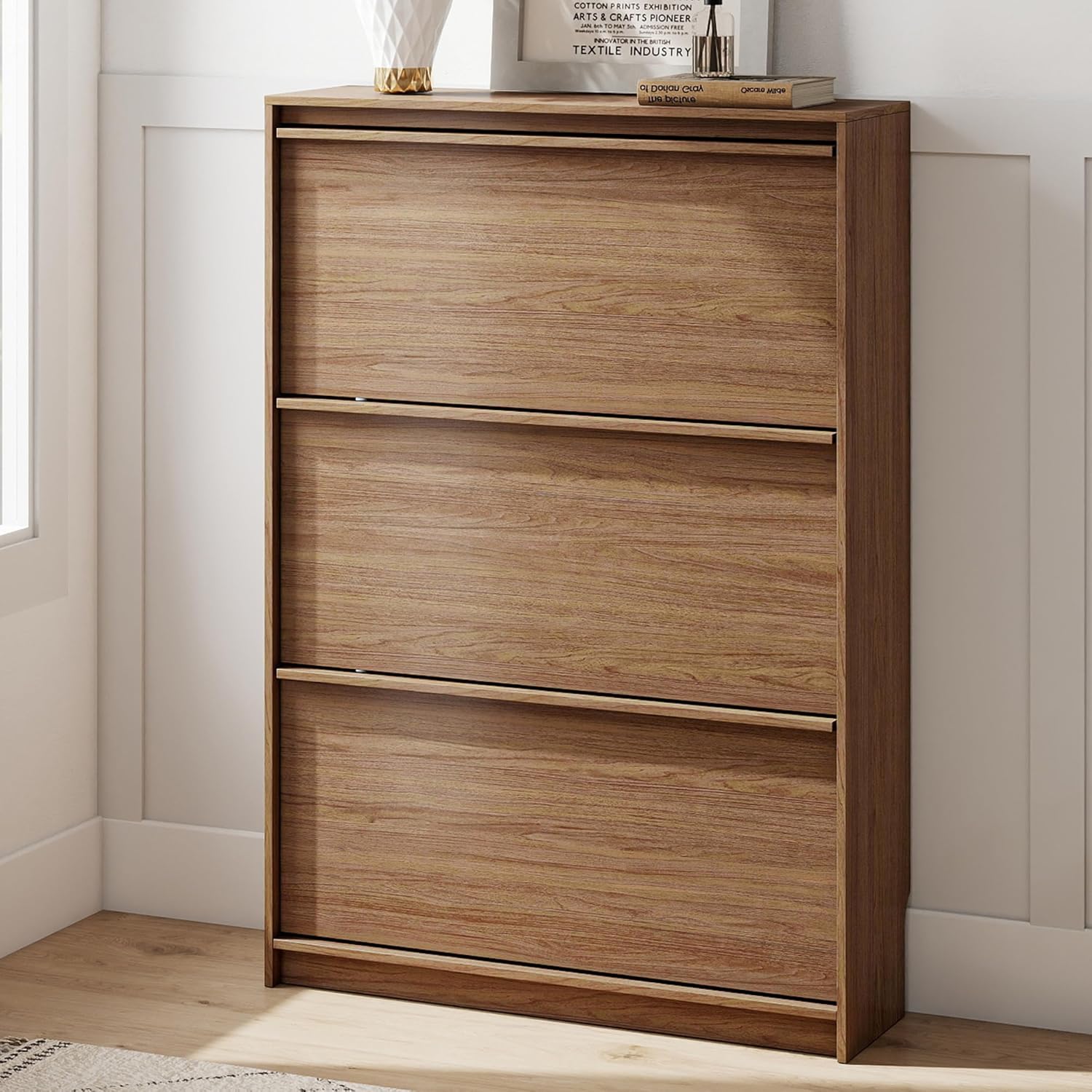 81nG8bUsHCL._AC_SL1500_.jpg Narrow 3-Tier Shoe Cabinet with Adjustable Tilt-Out Compartments - Image 1