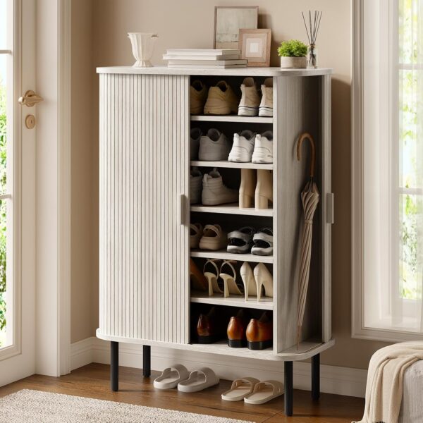 6-Tier Wooden Shoe Cabinet with Sliding Doors and Adjustable Shelves